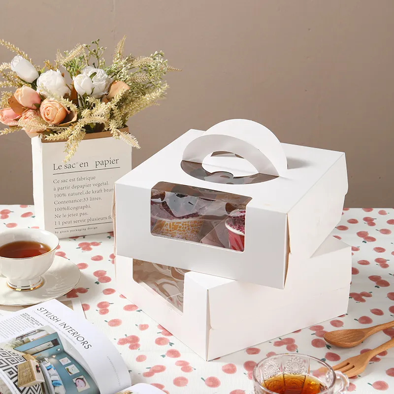 Mayorista Caja de Papel para Pasteles con Ventana Transparente, Asa, Inserto Capacidad para 4 Cupcakes (8)