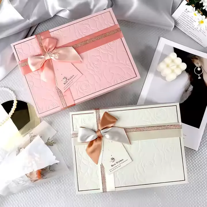 Wholesale Romantic Customized Color Floral Relief Design Embossed Pink Rigid Gift Paper Boxes with Lid and Ribbon9