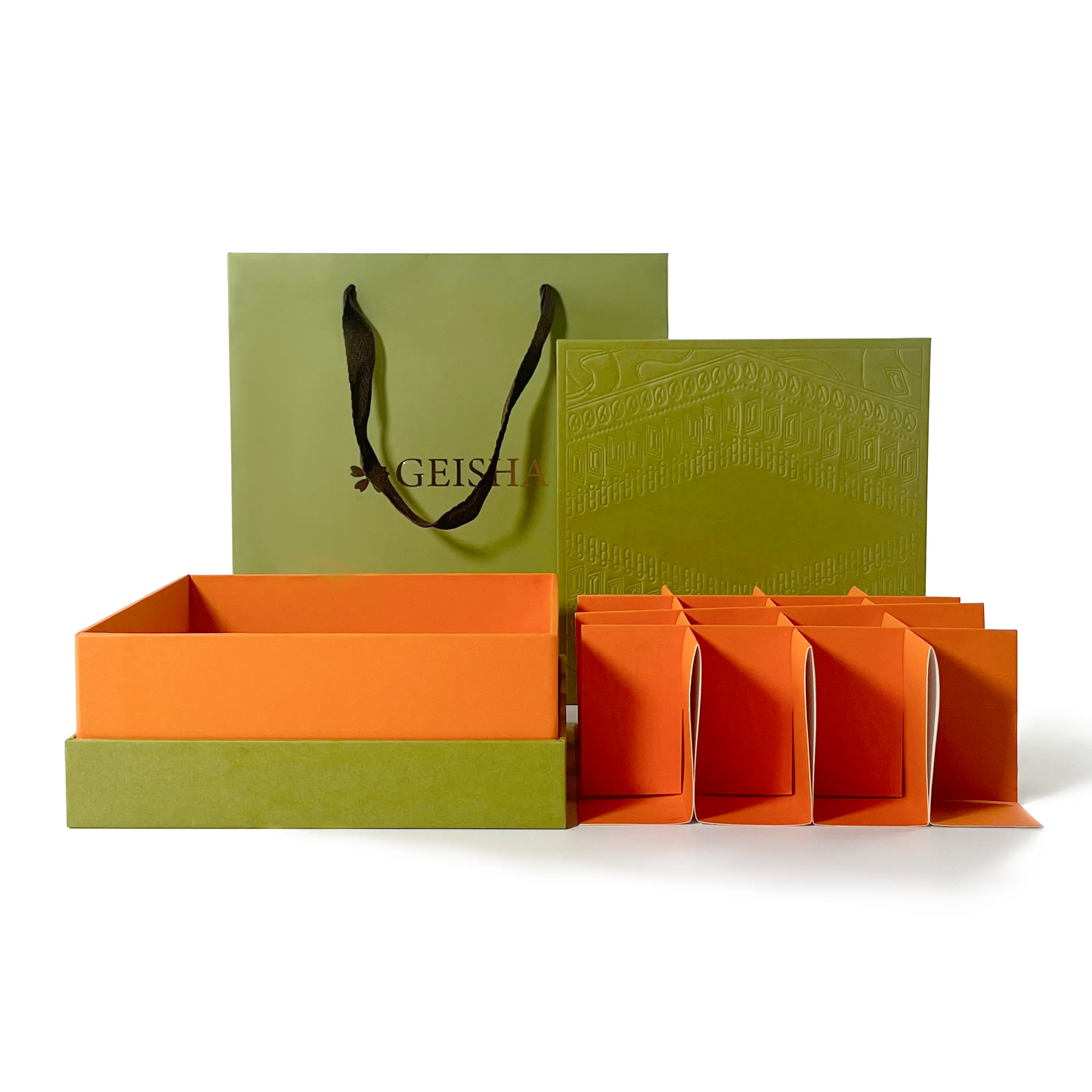 Wholesale Luxury Classic Customized Embossed Rigid Gift Box with Compartments Olive Green Packaging with Handle Bag Foil Stamping7