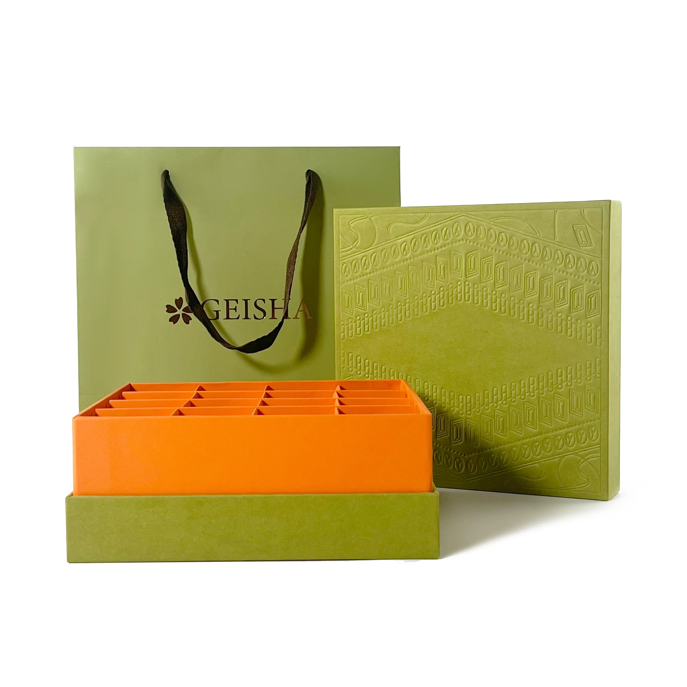 Wholesale Luxury Classic Customized Embossed Rigid Gift Box with Compartments Olive Green Packaging with Handle Bag Foil Stamping8